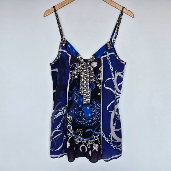 Express Camisole Tank Top Y2K Chain Butterfly Size L Blue Silver Satin Flowy - Picture 11 of 11